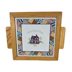 Vtg Home Sweet Home Tile Trivet Wood Casing Patch Work Quilt Design Cottagecore